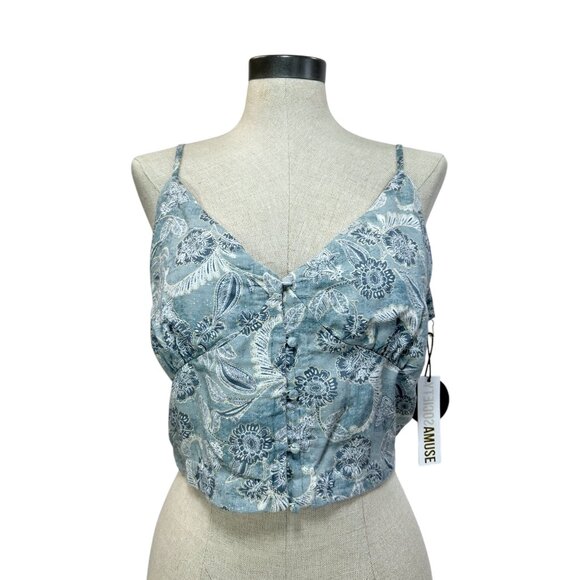 AMUSE SOCIETY Crop Cami Tank Sz L Spaghetti Strap Floral Paisley Button Crop Top - Picture 2 of 8